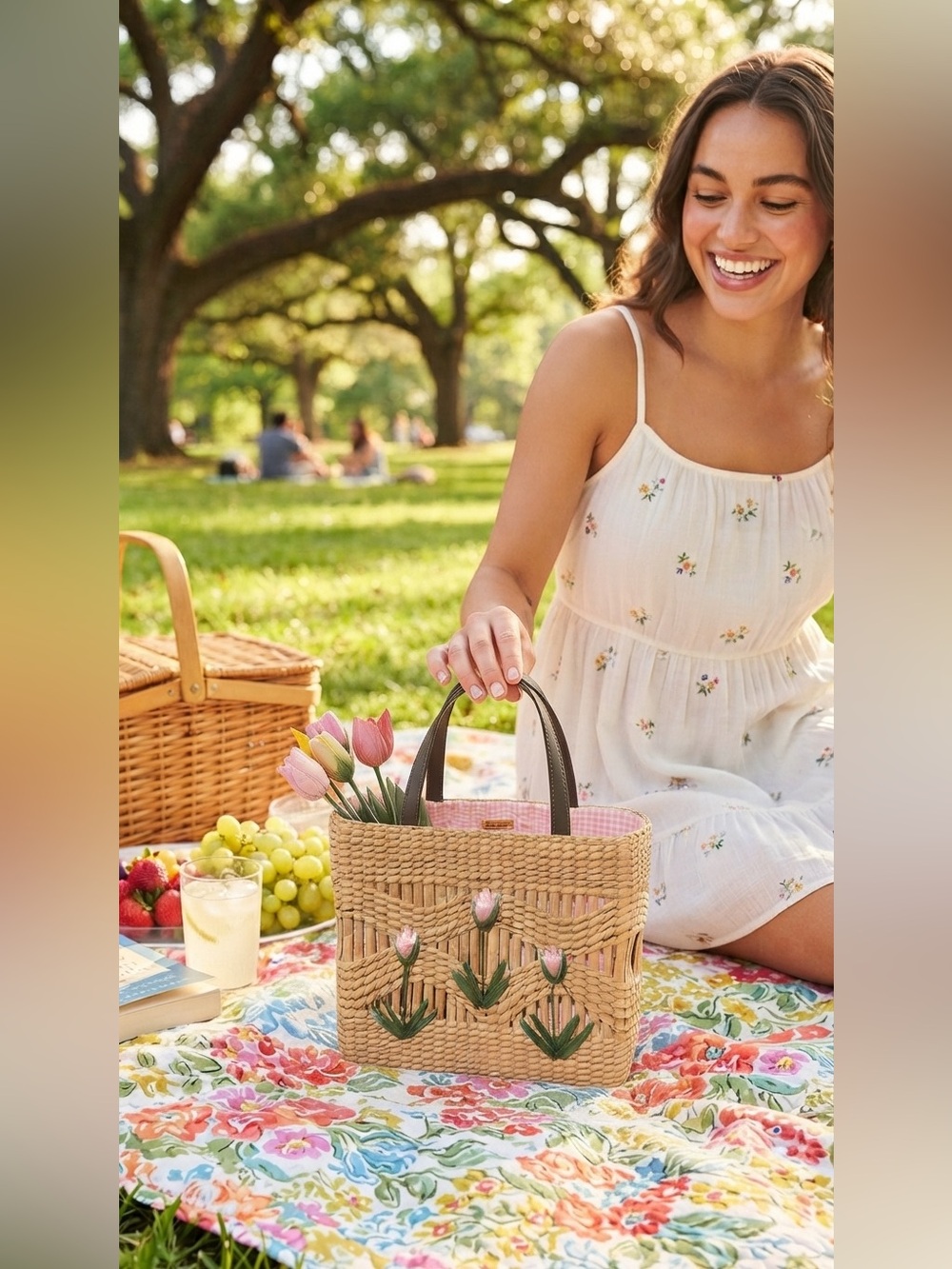 Talbots® Woven Straw Tote Bag Pink Gingham Tulip Applique Handbag Summer Cute